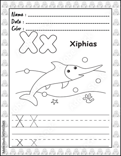 Bold and Easy Alphabet Coloring Page with Cute Animals for Adults and Kid. High resolution (300 DPI), Ready to print on standard 8.5x11-(A4) inch paper With (No Bleed), Black and White. Vector 