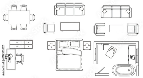 Top view vector drawings of home furniture sets including sofas, tables, beds, and bathtubs arranged in layouts.