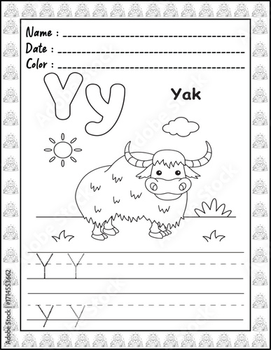 Bold and Easy Alphabet Coloring Page with Cute Animals for Adults and Kid. High resolution (300 DPI), Ready to print on standard 8.5x11-(A4) inch paper With (No Bleed), Black and White. Vector 