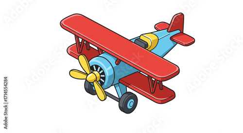 Colorful isometric vintage airplane with red wings and yellow propeller