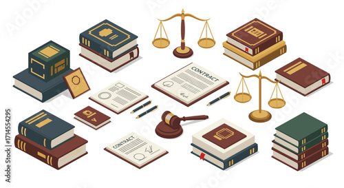 Legal and contract elements in isometric style featuring scales of justice and law books