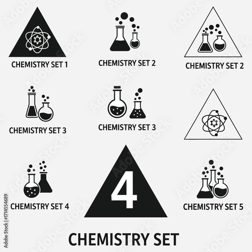 Collection of diverse black and white chemistry icons featuring laboratory glassware, atomic models, and scientific symbols for educational and research graphic design projects