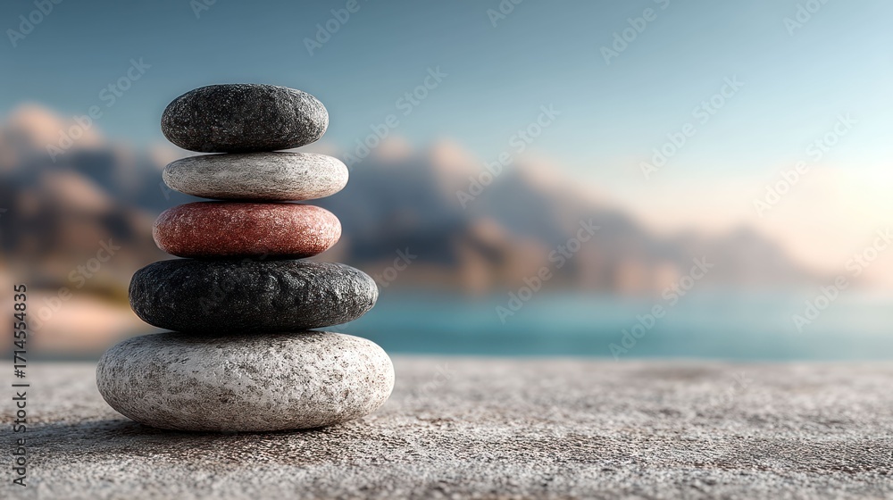 Fototapeta premium Stacked stones on a beach, serene