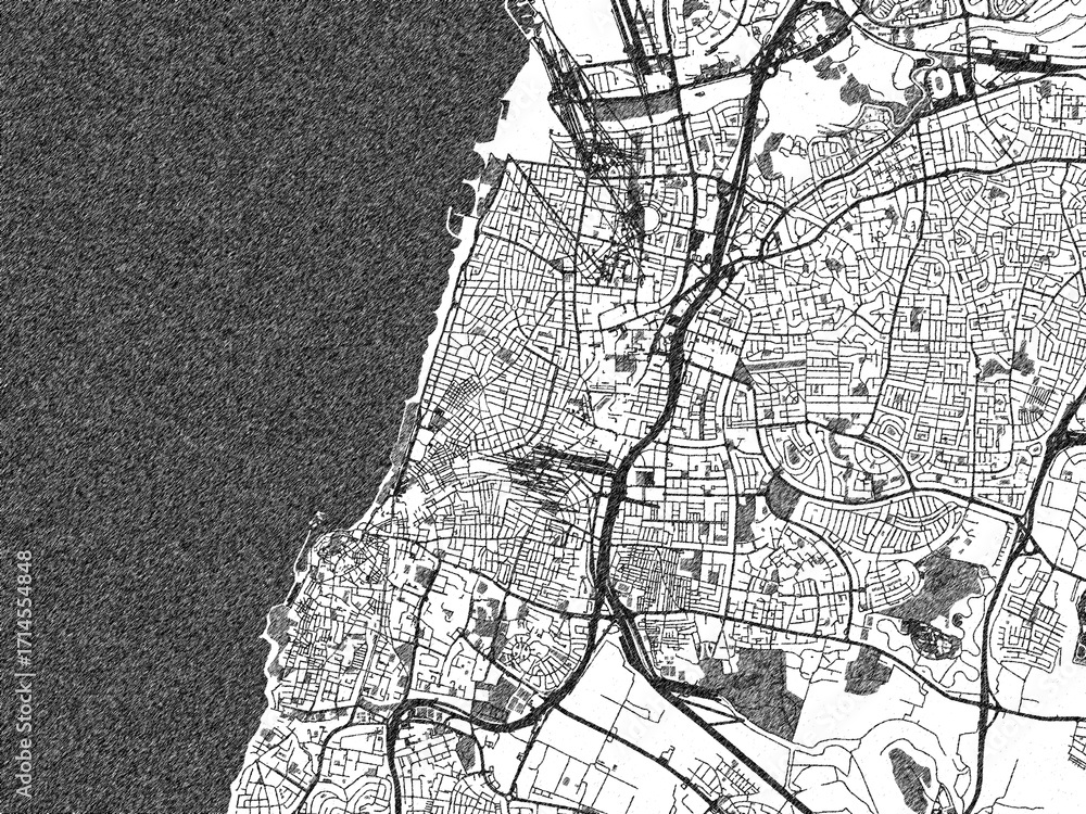 Naklejka premium Hand-drawn black and white city map of Tel Aviv, Israel, ready for wall art or editorial projects.