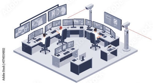Isometric control room monitoring with security cameras and control panels