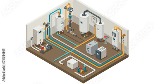 Isometric industrial plumbing system with pipes and tanks in a utility room