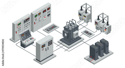 Isometric industrial control room with electrical panels and equipment