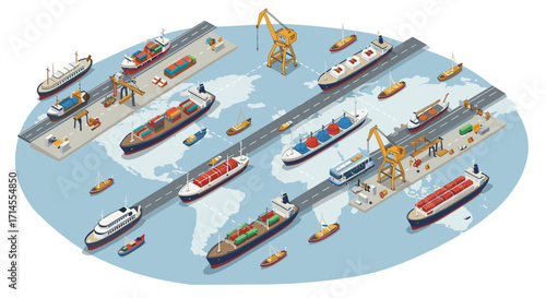 Isometric shipping port with cargo ships and cranes on world map