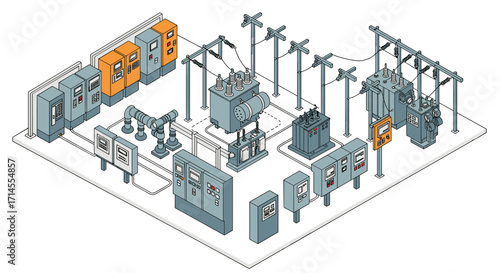 Isometric electrical power substation with transformers and control panels