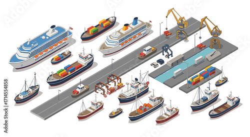 Isometric port with cargo ships and cranes at busy dockside