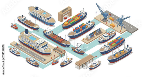 Isometric maritime port scene with cargo ships and cranes