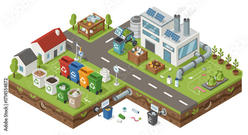 Sustainable waste management in isometric eco-friendly urban landscape