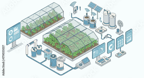 Modern isometric smart greenhouse with iot technology and renewable energy integration