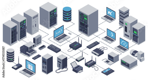 Isometric network data center with servers and devices for digital connectivity