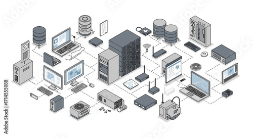 Isometric data center network with servers, computers, and cloud technology