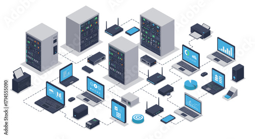 Isometric digital network infrastructure with servers and devices