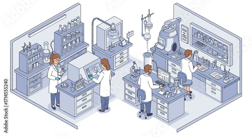Isometric science laboratory with researchers experimenting and analyzing data