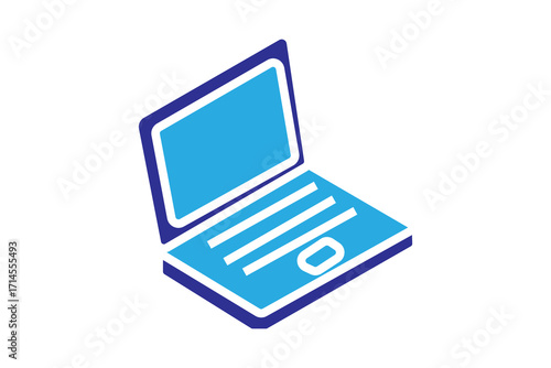 This image shows a minimalist isometric illustration of a laptop. The laptop is open, displaying a bright blue screen and a simple keyboard layout with a trackpad.