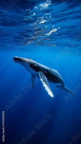 Majestic humpback whale swimming gracefully in deep blue ocean with sunlight rays. 
