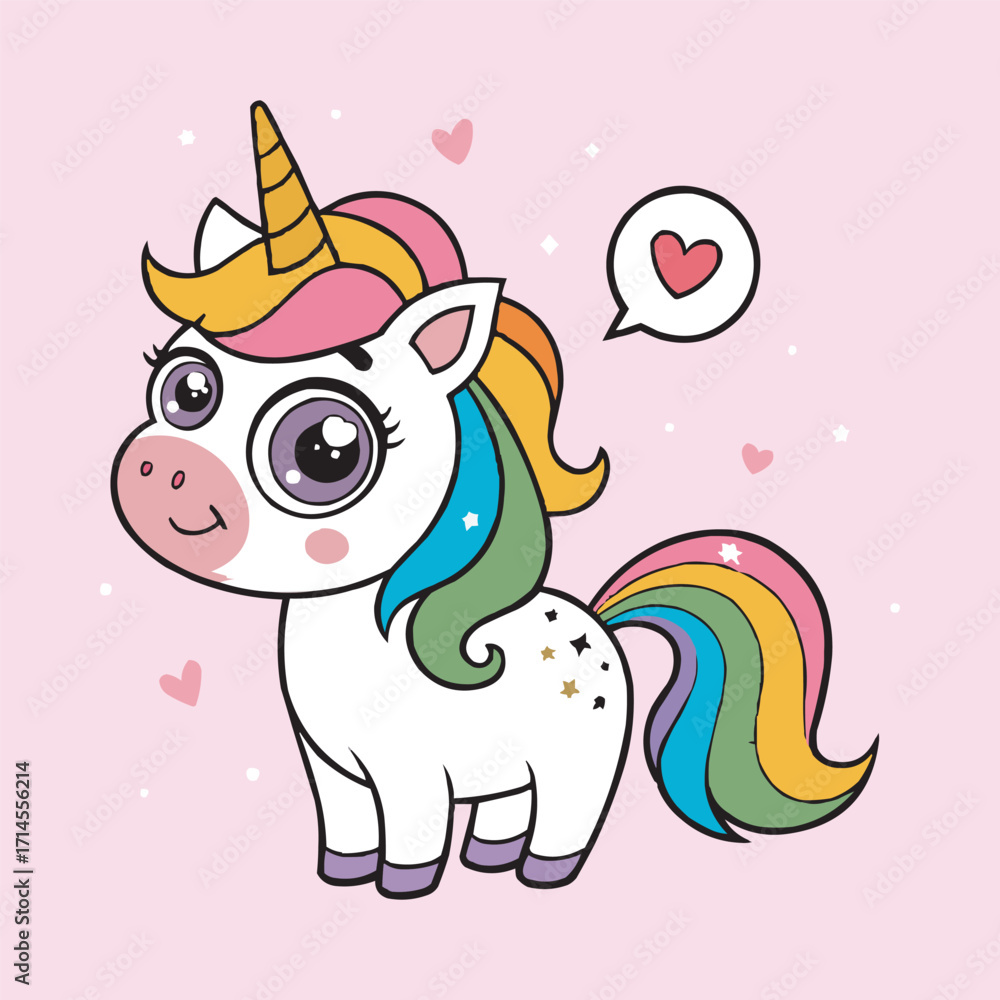 Naklejka premium Cute Rainbow Unicorn Vector Illustration with Heart