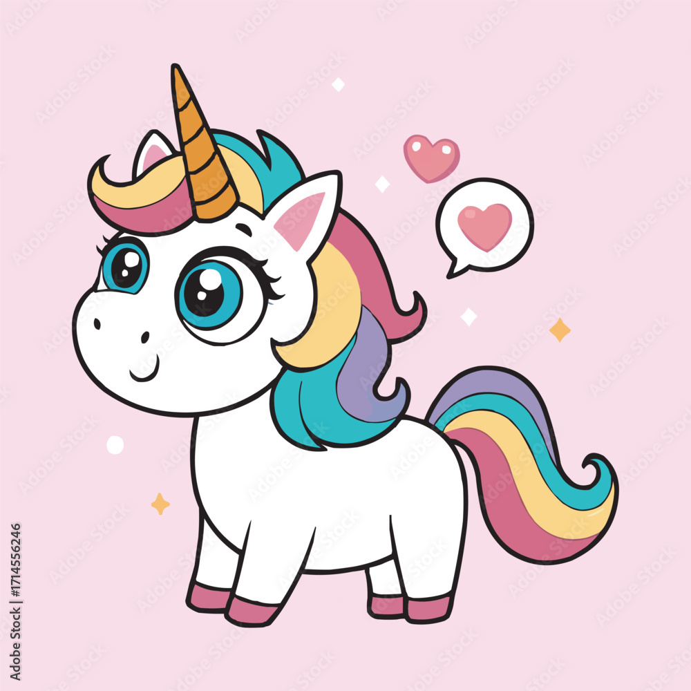 Naklejka premium Cute Rainbow Unicorn Vector Illustration with Heart