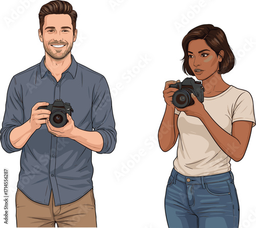 Casual photographers, camera in hand, shared hobby, photo moment, expressive pose, visual storytelling, outdoor vibe, jeans and shirt, hobbyist scene