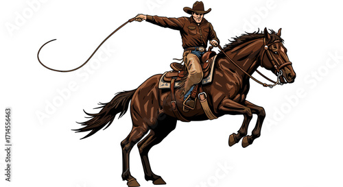 Cowboy on galloping horse with lasso in hand: western vintage style adventure