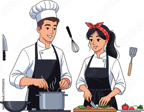 Chefs, teamwork, cooking, kitchen, food preparation, culinary, restaurant, chopping vegetables, stirring pot, utensils, apron, headband, stove, teamwork, cuisine, professional kitchen, 