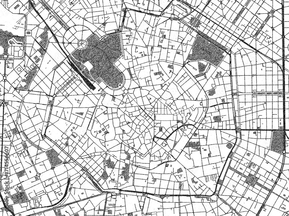 Naklejka premium Detailed artistic sketch map of Milan Cetro, Italy, in monochrome black and white.