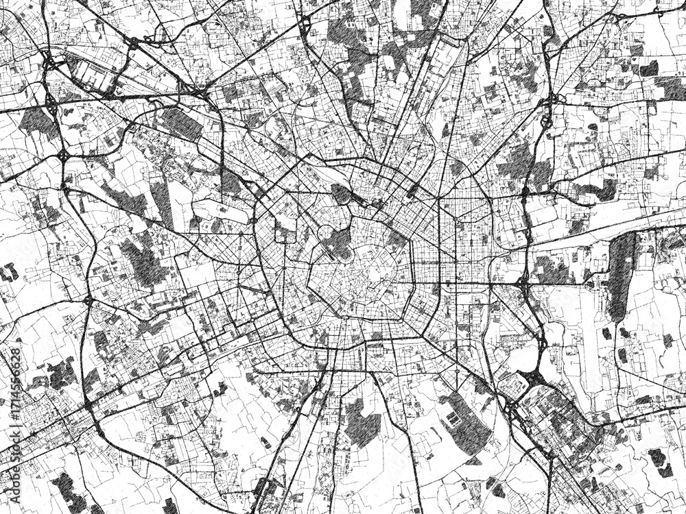 Obraz premium Detailed artistic sketch map of Milan Metropolis, Italy, in monochrome black and white.
