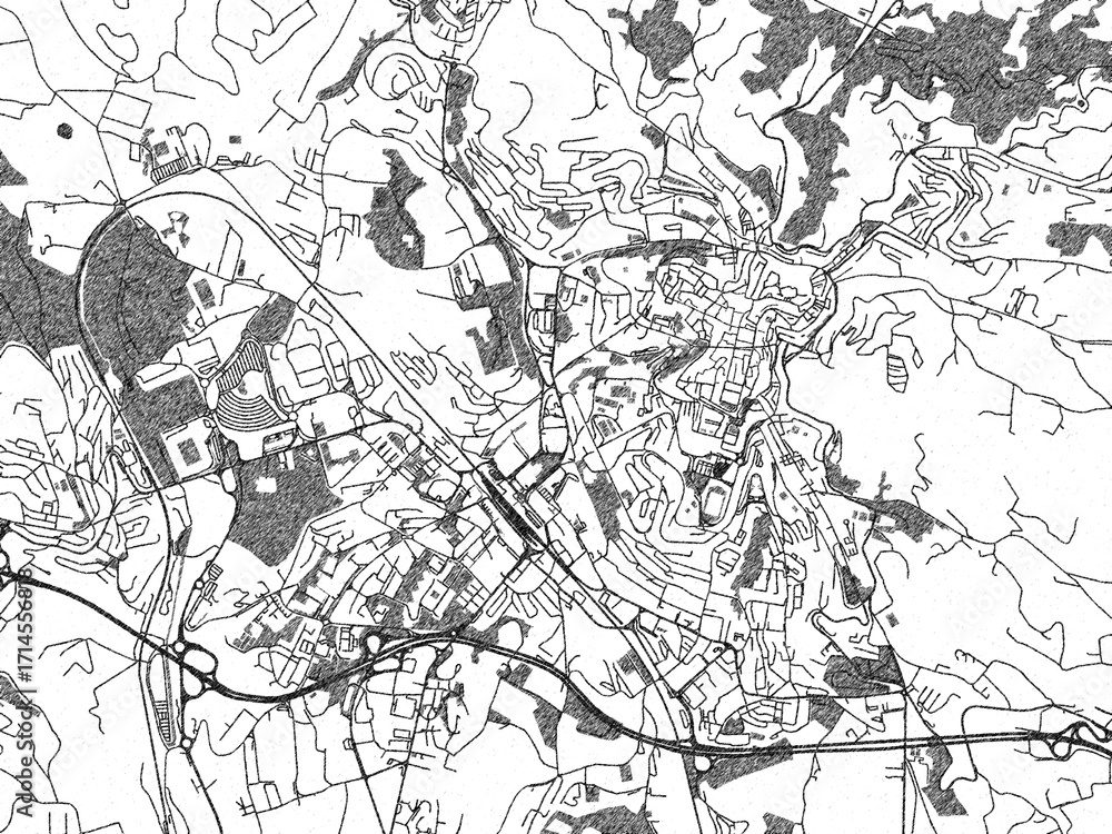 Fototapeta premium Hand-drawn style black and white city map of Perugia, Italy, with detailed streets and textures.