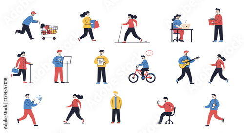 Diverse people engaged in everyday activities with minimalist flat des