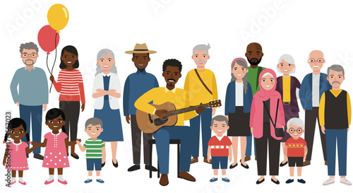 Diverse group of families with musician and children celebrating toget