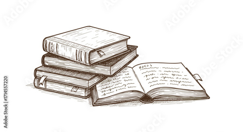Vintage hand-drawn books stack with open journal on white background