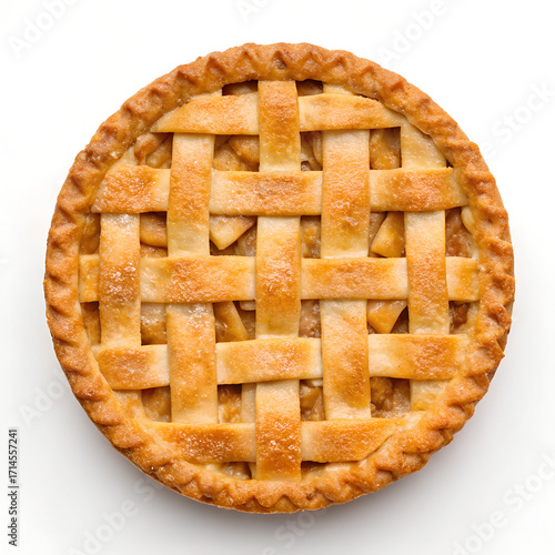 Homemade apple pie with lattice crust on white background top view