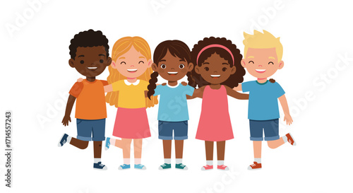 Happy cartoon kids group hugging in casual clothes on white background