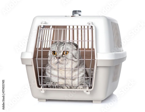 Grey cat in travel carrier