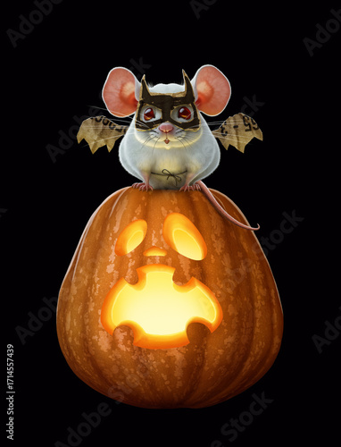 Funny white mouse in batman costume sitting on pumpkin