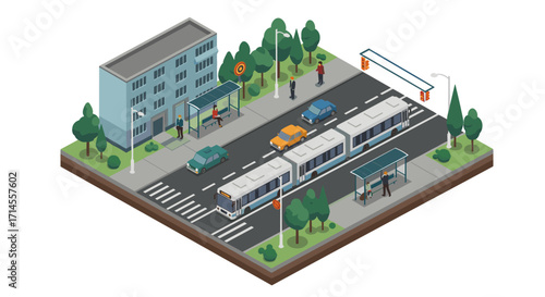 Urban transport scene with buses and pedestrians in isometric city setting