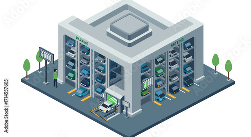 Modern isometric parking garage with automated vehicle system and charging stations
