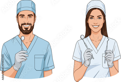Dental professionals in scrubs with tools, healthcare teamwork illustration, clinical safety attire, dentistry concept, medical staff, oral care scene