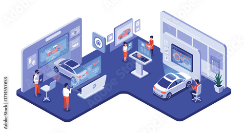 Futuristic isometric car design workshop with augmented reality and holograms