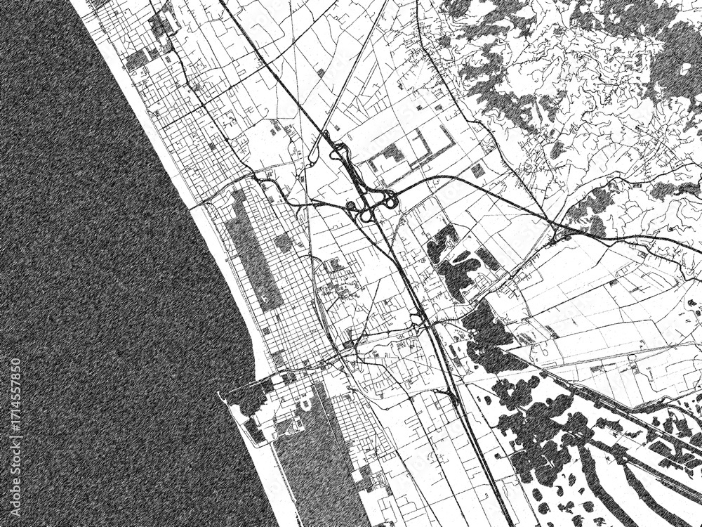 Fototapeta premium Poster-ready black and white illustration map of Viareggio, Italy, detailed and artistic.