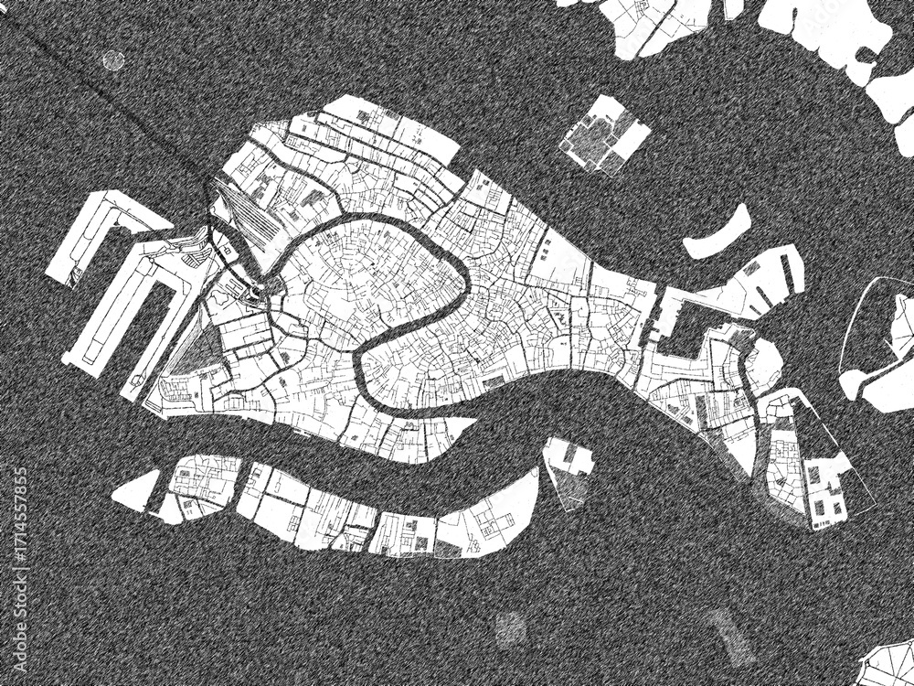 Obraz premium Stylized black and white urban map of Venice Centro, Italy, hand-drawn for decor and creative use.