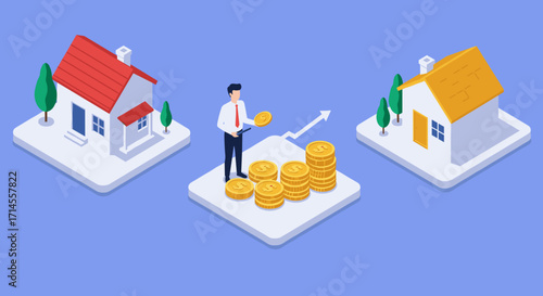 Isometric business concept with coins and houses on platforms