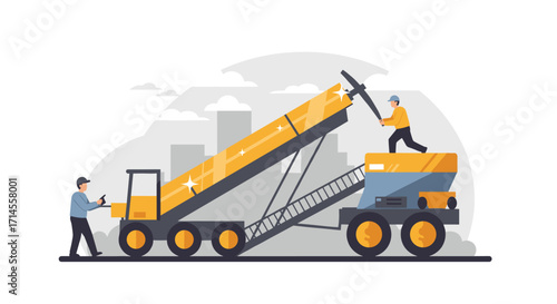 Construction workers operating heavy machinery in modern urban setting