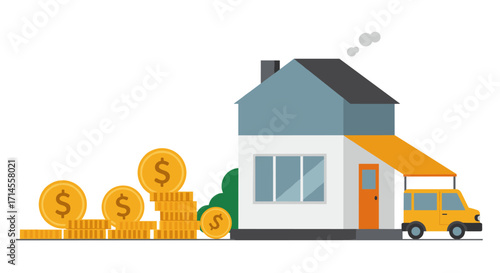 Real estate investment concept with modern house and coin stacks in flat design