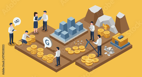 Isometric business people mining cryptocurrency in digital landscape