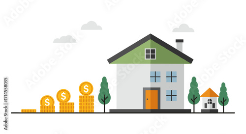 Growing real estate investment concept with stacked coins and houses in flat style