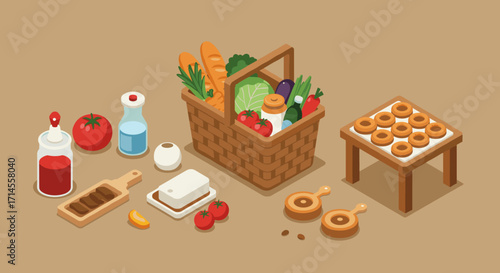 Isometric picnic basket with fresh produce and snacks on a table